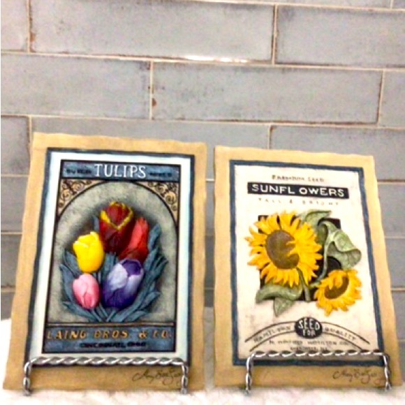 2 Stoneware Plaques Tulips 🌷 & Sunflowers 🌻 3D by Mary Beth Zeitz - Picture 1 of 6